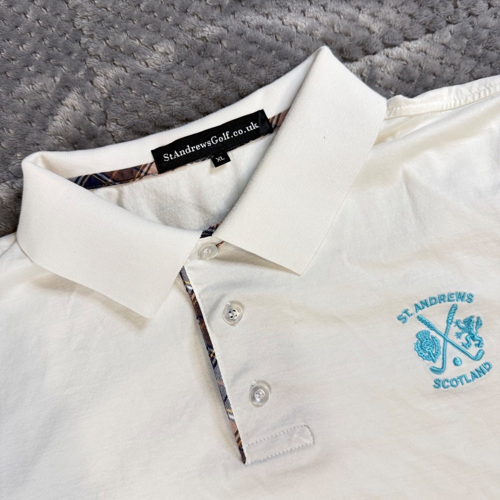 St Andrews Scotland Golf Polo Shirt Mens XL White Plaid Trim Short Sleeve Logo